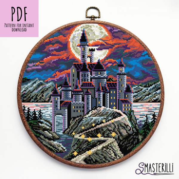 Dracula's castle cross stitch pattern. moon night landscape with vampire castle by Smasterilli