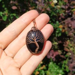 Black Onyx Ethnic Tree Of Life Pendant Necklace for Men, Protection Copper Wire Wrapped Yggdrasil World Tree Necklace