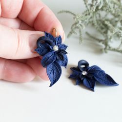 Dark Blue Earrings. Mothers Day Gift. Navy Blue Earrings. Leaf Earrings. Polymer Clay Jewelry. Blue Jewelry.
