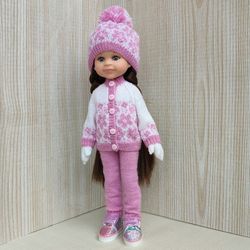 A set of white sweaters with pink flowers, pink trousers, hats with mittens.