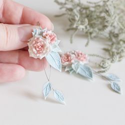 Pastel Pink Rose Earrings. Flower Earrings. Dangle Earrings. Blush Flower Earrings. Polymer Clay Jewelry. Rose Jewelry.