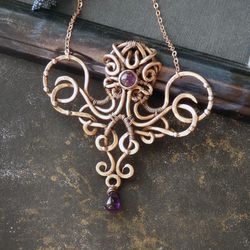 Octopus necklace / Amethyst jewelry / Wire wrapped necklace / Copper jewelry