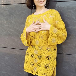 Sweater tunic for women. Mustard yellow crochet knit tunic sweater with beaded embroidery. Openwork tunic.