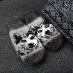 Woolen mittens with a dog, Women's winter knitted mittens