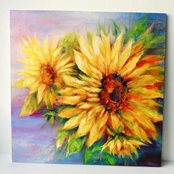 sunflower original art oil painting on canvas panel flowers wall art 30 x30 cm.
