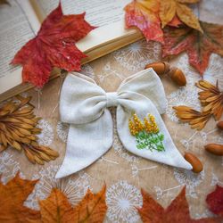 hair bows, bow with embroidery, lolita hair bows, goblincore, linen fabric bows, hairpin, baby gift, floral bow for hair