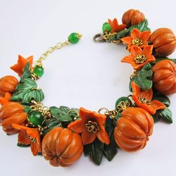 Pumpkin bracelet clay Flower bracelet Vegetables floral bracelet Halloween jewelry Autumn orange bracelet gift farmer