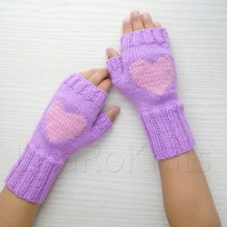 Purple Wool Finger less Gloves for kid 6-8 years old, handmade, hand knitted, wool arm warmers, soft yarn