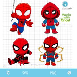 4 spiderman cut files, blue spidey svg, miles morales svg, classic spiderman svg, cartoon spider svg, baby spiderman