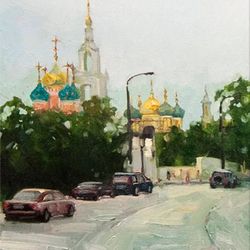 Varvarka street Moscow Russian cityscape Original oil painting Gift for Russia lovers Russian Orthodox Church
