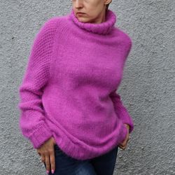 Oversize sweater, Angora sweater for women, Hand made, Loose fit hand knit jumper