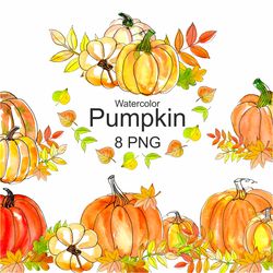 Watercolor Pumpkin Clipart, Autumn Pumpkins, Fall Clipart, Pumpkin Illustration, Watercolor Fall Thanksgiving