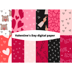 valentine's day digital paper,love paper valentine pattern hearts printable,valentines day paper pack,red and pink love