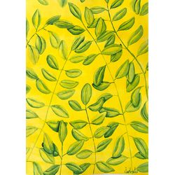 Plants Pattern Painting Eucalyptus Original Art Floral Artwork Flower Watercolor Yellow Wall Art