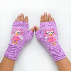 Purple Wool Finger less Gloves for kid 6-8 years old, handmade, hand knitted, wool arm warmers, soft yarn
