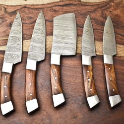 5 pc custom handmade forged damascus steel chef knife sets kitchen knives