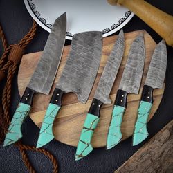 5 PC Custom Handmade Hand Forged Damascus Steel Chef Knife Set