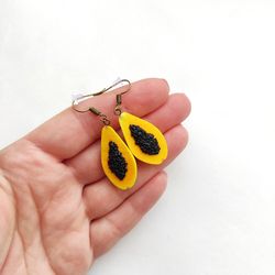 Papaya earrings - a half papaya weird dangle earrings from polymer clay