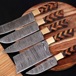 5 PC Custom Handmade Hand Forged Damascus Steel Chef Knife Sets