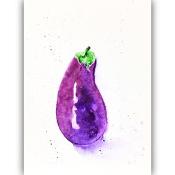 Eggplant Painting Vegetable Watercolor Original Art Small Painting Kitchen Wall Artwork  by LarisaRay