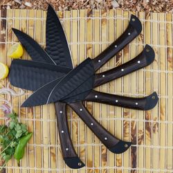 5 pc custom handmade hand forged black coated carbon steel chef set kitchen knives