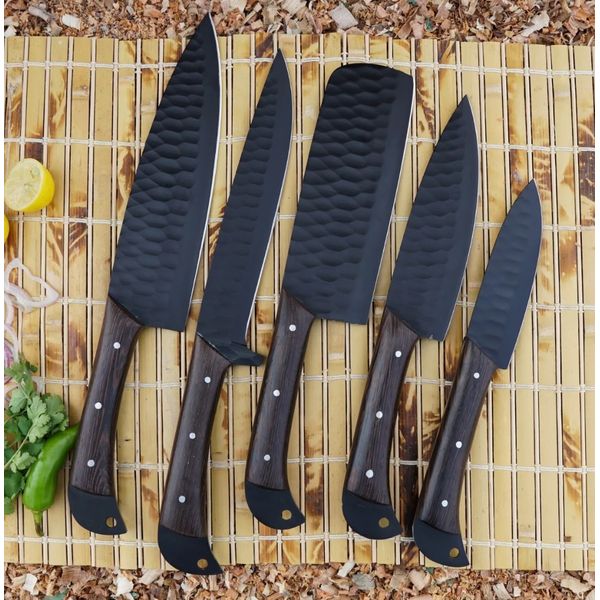 5 PC Custom Handmade Hand Forged Black Coated Carbon Steel Chef Set Kitchen Knives.jpeg