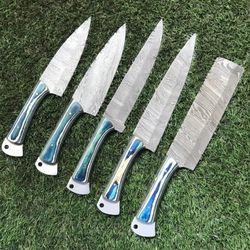 5 Pc Custom Handmade Hand Forged Damascus Steel Chef Knife Sets