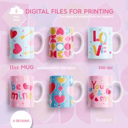 Valentines Day Bundle, 11oz Mug Sublimation Designs with Romantic Motives, PNG JPEG Digital Download