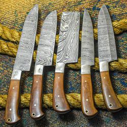 5 Pc Handmade Hand Forged Damascus Steel Chef Knife Sets for Kitchen