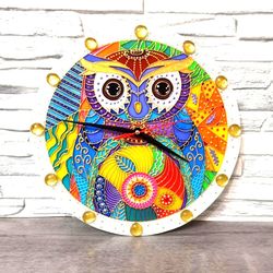 Owl wall clock Hanging decor Rainbow stained glass painting Owl Colourful art Kids room wall decoration