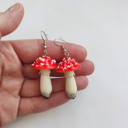 Mushroom earrings - fairy earrings - mushroom drop earrings - red mushroom