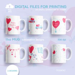 Happy Valentines Bundle, 11 oz mug sublimation design with Hearts, PNG JPEG Digital Download