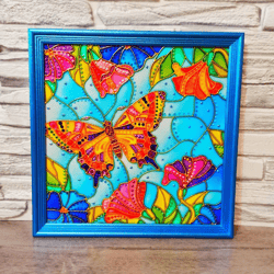 Butterfly flowers stained glass painting Original wall hanging decor Blooming