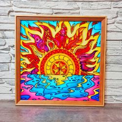 Sunset original painting on glass Colorful art Stained glass wall decoration
