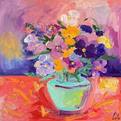 Pansies flowers painting oil painting on canvas panel Fauvism art Flowers bouquet Still life Matisse inspired art