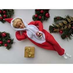 Christmas Barbie doll costume, Santa's onesie for doll, Christmas Barbie outfit, Barbie pajamas, 1:6 home costume