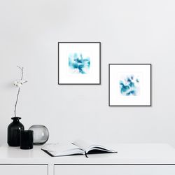 blue turquoise abstract wall art set original floral painting modern minimalist expressionist small art for home decor