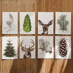 Forest watercolor postcards, set of 8 cards, size 10x15cm