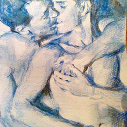 original gay art, sexy boy portraits, love kiss,beauty boys embrace,watercolour.
