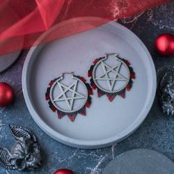 Pentagram earrings with bloody drops. Inverted pentagram, occult and goth jewelry