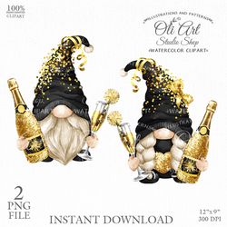 Happy New Year & gnomes with glitter and champagne, digital clipart PNG.