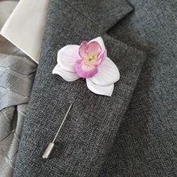 White orchid  men's lapel pin Leather boutonniere for him 3rd anniversary gift, art.55