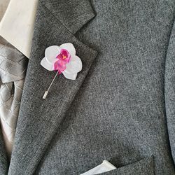 White orchid  men's lapel pin Leather boutonniere for him 3rd anniversary gift, art.51