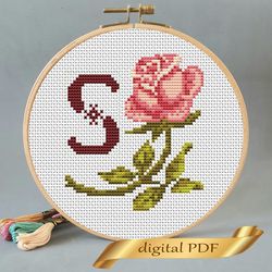 Floral letter S pdf cross stitch Flower monogram alphabet easy embroidery