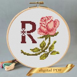 Floral letter R pdf cross stitch Flower monogram alphabet easy embroidery