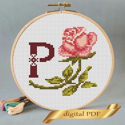 Floral letter P pdf cross stitch Flower monogram alphabet easy embroidery