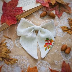 hair bows, bow with embroidery, lolita hair bows, linen fabric bows, hairpin, hair bow with berries, gift for mom, hair