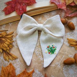 hair bows, bow with embroidery, lolita hair bows, linen fabric bows, hairpin, hair bow with berries, strawberry hair bow