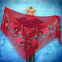 Red embroidered Orenburg Russian shawl, Lace wedding warm bridal cape, Hand knit cover up, Wool wrap, Stole, Kerchief