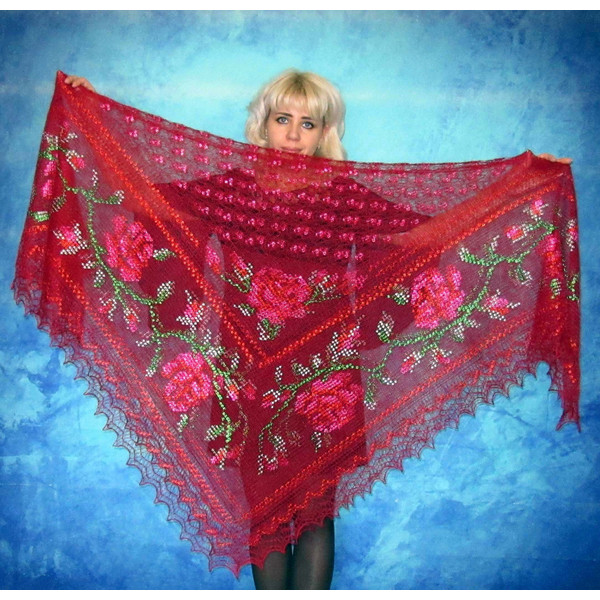 Red embroidered Orenburg Russian shawl, Lace wedding warm bridal cape, Hand knit cover up, Wool wrap, Stole, Kerchief.JPG